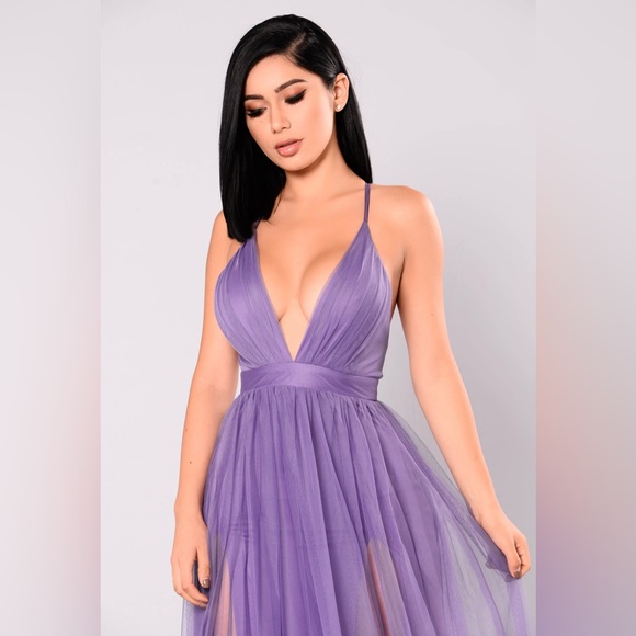 Long Purple Criss Cross Open Back Tulle Maxi Dress - Picture 4 of 4